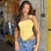 Irregular Asymmetrical Neckline Off-Shoulder Metal Ring Spliced Gathered Midriff Strap Top