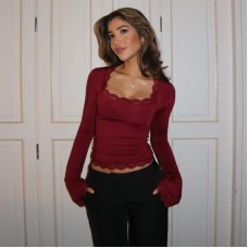Chic Solid Color Square Neck Flared Sleeve Lace Trim Crop Top for Women
