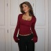 Chic Solid Color Square Neck Flared Sleeve Lace Trim Crop Top for Women