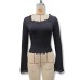 Chic Solid Color Square Neck Flared Sleeve Lace Trim Crop Top for Women