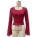 Chic Solid Color Square Neck Flared Sleeve Lace Trim Crop Top for Women