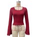 Chic Solid Color Square Neck Flared Sleeve Lace Trim Crop Top for Women