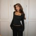 Chic Solid Color Square Neck Flared Sleeve Lace Trim Crop Top for Women