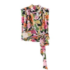 Street style floral print shoulder pad waistband top