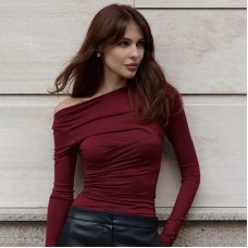Fashionable French Romantic Solid Color Long Sleeve Asymmetrical Neckline Women's Top