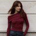Fashionable French Romantic Solid Color Long Sleeve Asymmetrical Neckline Women's Top