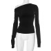 Fashionable French Romantic Solid Color Long Sleeve Asymmetrical Neckline Women's Top