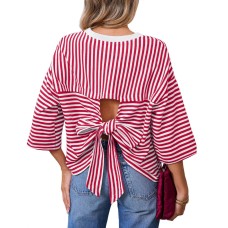 Casual Stripe Short Sleeve Round Neck Loose Top with Back Cutout and Tie Bow Detail