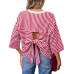 Casual Stripe Short Sleeve Round Neck Loose Top with Back Cutout and Tie Bow Detail