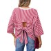 Casual Stripe Short Sleeve Round Neck Loose Top with Back Cutout and Tie Bow Detail