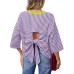 Casual Stripe Short Sleeve Round Neck Loose Top with Back Cutout and Tie Bow Detail