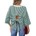 Casual Stripe Short Sleeve Round Neck Loose Top with Back Cutout and Tie Bow Detail