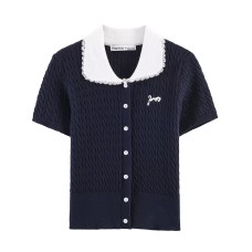 Chic Women's Short Sleeve Peter Pan Collar Color-block