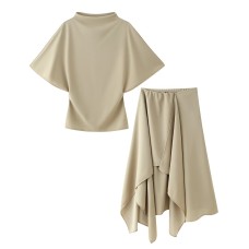 Short Sleeve Drapey Semi-High Neck Top for Women