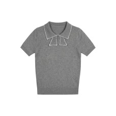 Short Sleeve Polo Shirt  College Style Slim Fit Cropped Top Turn-Down Collar