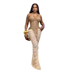 High slit mesh splicing pleated sequin strap hanging neck dress High slit mesh splicing pleated sequin strap hanging neck dress