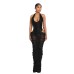 High slit mesh splicing pleated sequin strap hanging neck dress