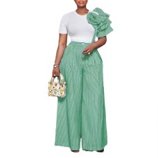 Round neck short sleeved striped contrasting wide leg pants set