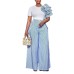 Round neck short sleeved striped contrasting wide leg pants set