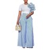 Round neck short sleeved striped contrasting wide leg pants set