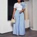 Round neck short sleeved striped contrasting wide leg pants set