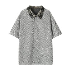 Chic Star-Print Patchwork Checkered Polo Neck Short Sleeve
