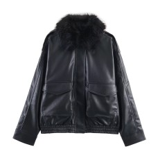 Detachable synthetic leather effect collar jacket