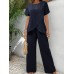 Solid Color Short Sleeve Round Neck Loose Irregular Two-Piece Set for Women