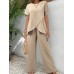 Solid Color Short Sleeve Round Neck Loose Irregular Two-Piece Set for Women