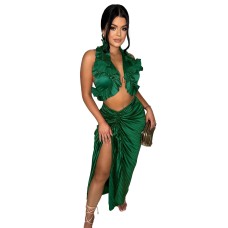 Sleeveless slit ruffled pleated skirt set
