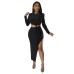 Round neck waist revealing slit dress