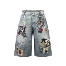 Chain digital printed washed denim five quarter pants