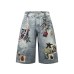 Chain digital printed washed denim five quarter pants