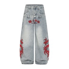 Fake two pair waist wide leg denim pants