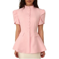 Stand up collar button solid color waist slimming short sleeved top