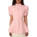 Stand up collar button solid color waist slimming short sleeved top