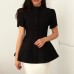 Stand up collar button solid color waist slimming short sleeved top