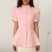 Stand up collar button solid color waist slimming short sleeved top