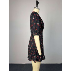 Bubble sleeve ruffle edge short dress
