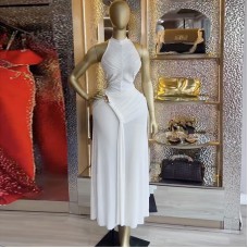 Hanging neck sleeveless pleated slim fit mid length dress Hanging neck sleeveless pleated slim fit mid length dress