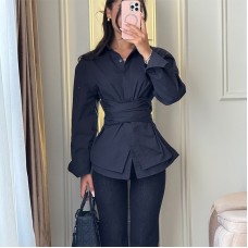 Waist tied solid color long sleeved shirt