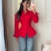 Waist tied solid color long sleeved shirt