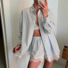 Solid color lapel long sleeved shirt lace patchwork shorts set