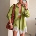 Solid color lapel long sleeved shirt lace patchwork shorts set
