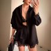 Solid color lapel long sleeved shirt lace patchwork shorts set