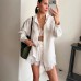 Solid color lapel long sleeved shirt lace patchwork shorts set