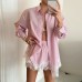 Solid color lapel long sleeved shirt lace patchwork shorts set