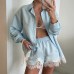 Solid color lapel long sleeved shirt lace patchwork shorts set