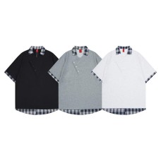 Plaid fake two piece lapel short sleeved shirt Plaid fake two piece lapel short sleeved shirt