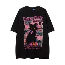 Black Cat Newspaper Printed Short Sleeve